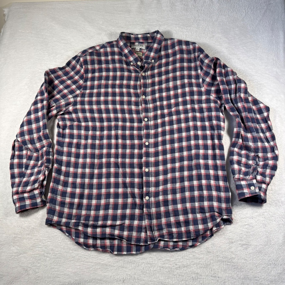 Country Road Linen Shirt Mens XL Navy Red Plaid Baird McNutt Irish Linen Regular